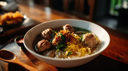 Indonesian bakso meatball soup with noodles, herbs, and fried shallots in bowl, served on rustic wooden table in warm sunlight for authentic traditional cuisine