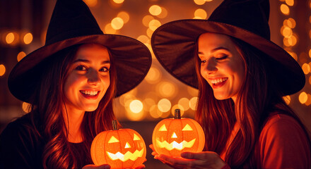 Happy young women in witch hats holding glowing pumpkins on Halloween night.