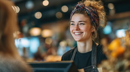 Smiling female barista wearing apron and colorful headband interacting with a customer at the counter of a modern cafe or bakery with warm blurred background