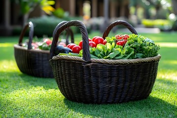 Wicker basket filled with fresh vegetables on green grass in sunny garden
