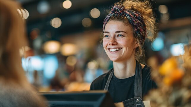 Smiling female barista wearing apron and colorful headband interacting with a customer at the counter of a modern cafe or bakery with warm blurred background