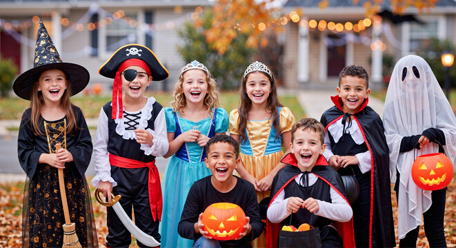 Smiling kids dressed as a witch, pirate, princesses, vampires, and a ghost, ready for trick-or-treating.