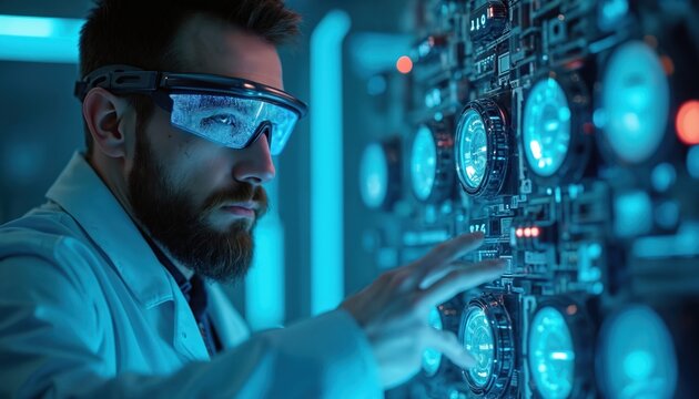 Man in lab coat wears smart glasses interacts with futuristic digital interface on wall panel. Scientist works in hi-tech lab with glowing blue displays, data visualization.