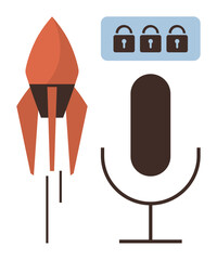 Rocket launching upward, classic microphone, and lock icons signifying creativity, innovation, security, exploration, technology, communication privacy. Ideal for tech podcasting startups