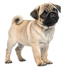 Obraz premium Adorable fawn pug puppy with charming wrinkled face and curled tail looking curiously upwards, perfect for pet lovers and animal content creators. 