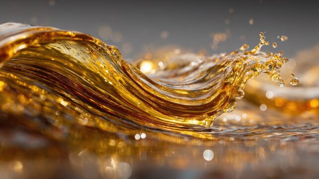 Dynamic Golden Liquid Wave - Macro Shot of Flowing, Sparkling Fluid with Bokeh. - Powered by Adobe