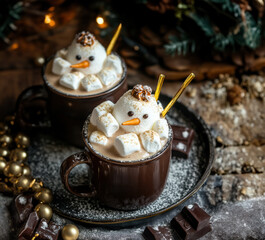 Two cap adorable snowman-shaped mugs marshmallow hats and sunglasses, enjoying winter-themed drink, set on wooden tray with artificial snow