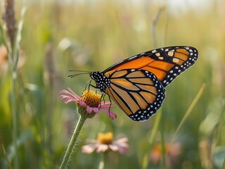 Obraz premium Stunning monarch butterfly gracefully feeding on a delicate pink wildflower in a sunlit meadow, a symbol of beauty and nature's vibrant cycle