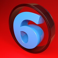 Number six in a glass circle, on red background - 3D rendering illustration