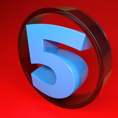 Number five in a glass circle, on red background - 3D rendering illustration