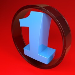 Number one in a glass circle, on red background - 3D rendering illustration