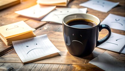 Coffee cup surrounded by sticky notes with sad faces