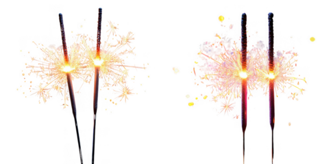 Two sparklers with bright glowing embers and sparks flying, isolated on transparent background