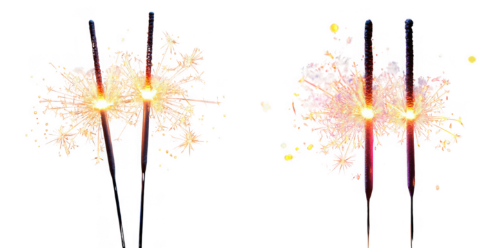 Two sparklers with bright glowing embers and sparks flying, isolated on transparent background