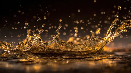 Dynamic Golden Liquid Crown Splash with Droplets, Dark Background, Macro Photography.