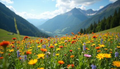 Vibrant Wildflower Meadow with Mountain Landscape on a Sunny Summer Day