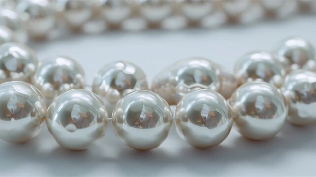 High resolution close-up of large pearl beads gracefully assembling themselves into an elegant necklace, detailed and luxurious