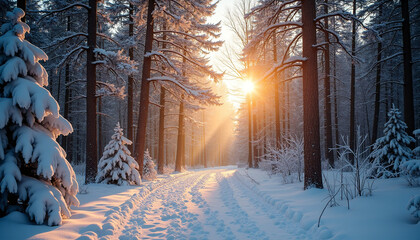 Sunlit Snowy Forest Landscape in Winter