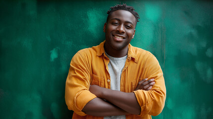 A cheerful young man from a multiracial background with a confident smile against a vibrant green backdrop, diversity, inclusivity, interracial couples, plus-size models, positive 