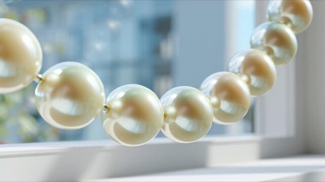 High resolution close-up of large pearl beads gracefully assembling themselves into an elegant necklace, detailed and luxurious