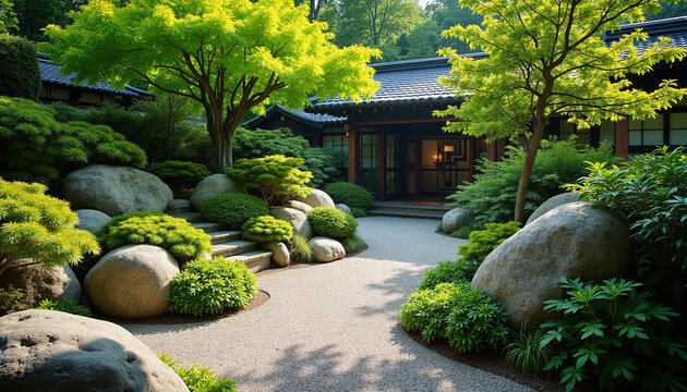 Tranquil Garden Landscape with Rocks and Lush Greenery