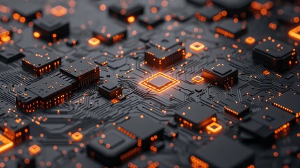 Abstract circuit board design featuring illuminated orange lights and polygonal patterns