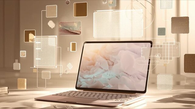 A visual composition hovering above the clean workspace of a successful and creative designer: a laptop, tablet, and desk. The beige and white colors of holographic screens and tech patterns