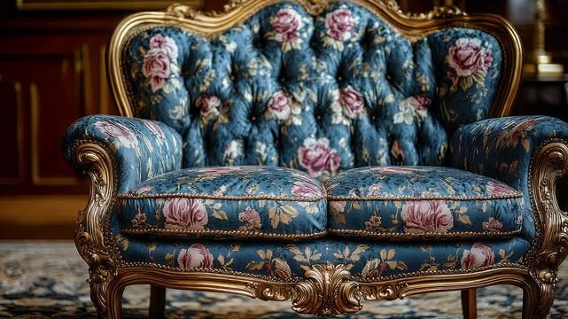 Ornate Gilded Baroque Loveseat: A Slow Pan Across Luxurious Floral Fabric and Carved Details