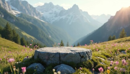 Stone podium in mountain valley with green grass and wildflowers. Snowy peaks are in background. Product placement mockup with nature landscape. Perfect for cosmetics or eco friendly brands.