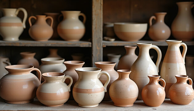 Handmade Ceramic Pottery Collection Displayed on Rustic Shelves