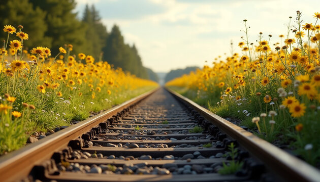 Scenic Spring Railway Track with Blooming Wildflowers