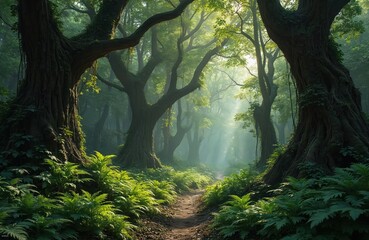 Fototapeta premium Winding forest path goes through wild, green woodland. Giant old trees with thick trunks stand tall. Rich ferns, foliage cover ground. Sunlight rays beam through misty jungle canopy, creating calm,