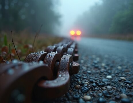 Wet metal chain rests on gravel beside a misty road. Distant car headlights glow through fog. Macro shot shows water droplets on rusty links. Background trees fade into mist.