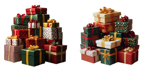 Stacks of colorful christmas gift boxes with ribbons isolated on transparent background