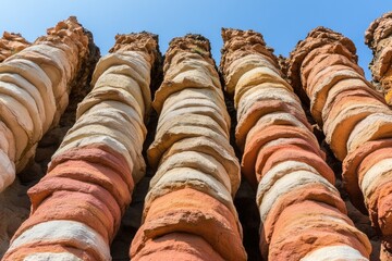 Close-up view of layered rock columns