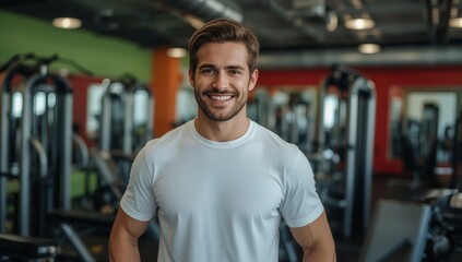 Obraz premium Smiling fitness trainer in a white shirt in the gym