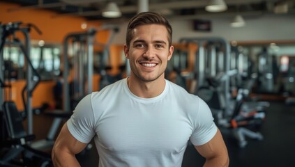 Fototapeta premium Smiling fitness trainer in a white shirt in the gym