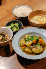 Japanese dinner with Nikujaga, miso soup and rice
