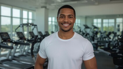 Fototapeta premium A smiling African American fitness trainer wearing a crisp white T-shirt stands in a modern gym with large panoramic windows.