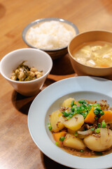 Japanese dinner with Nikujaga, miso soup and rice
