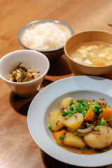 Japanese dinner with Nikujaga, miso soup and rice
