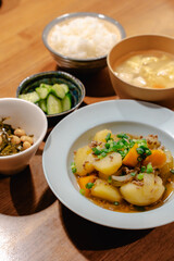 Japanese dinner with Nikujaga, miso soup and rice
