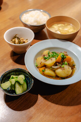 Japanese dinner with Nikujaga, miso soup and rice
