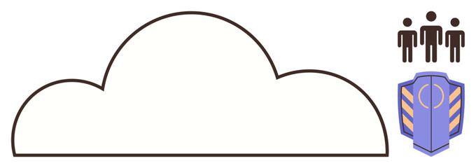 Cloud outline with shield for data security alongside three people for teamwork and connectivity. Ideal for data protection, teamwork, cloud computing, collaboration, technology, cybersecurity