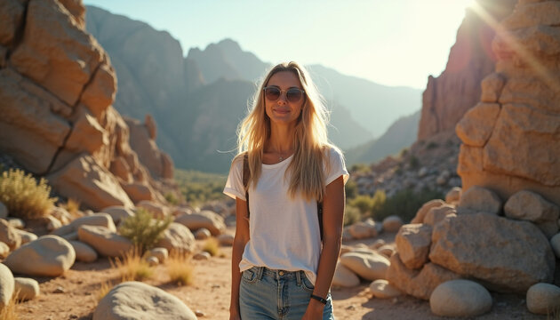 Woman Standing Alone in Vast Desert Landscape