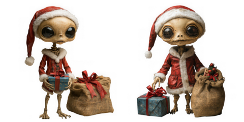 Two alien skeletons dressed as santa claus with christmas gifts, isolated on transparent background