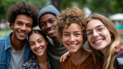 Obraz premium A group of young people from diverse backgrounds enjoying the outdoors, embracing inclusivity, diversity, inclusivity, interracial couples, plus-size models, outdoor lifestyle, wit