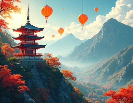 Traditional Japanese pagoda sits on mountain cliff, orange lanterns float in hazy sky above valley. Autumn trees show vibrant red and orange leaves.