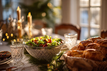 Fototapeta premium Holiday table features vibrant salad and golden bread, surrounded by elegant glassware and warm candlelight ambiance