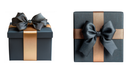 Two elegant gift boxes with black and gold sequin bows isolated on transparent background